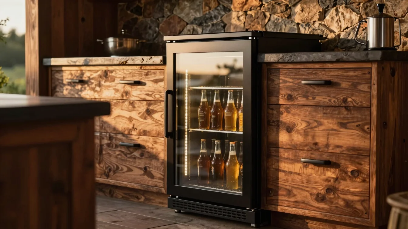 Modern gourmet beer cooler integrated into a rustic outdoor kitch