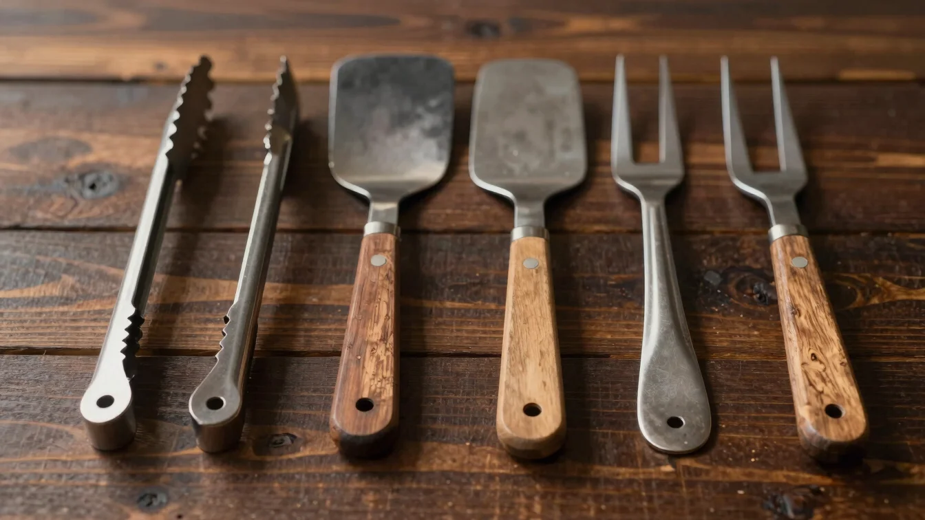 Collection of rustic BBQ utensils (tongs, spatula, carving fork)