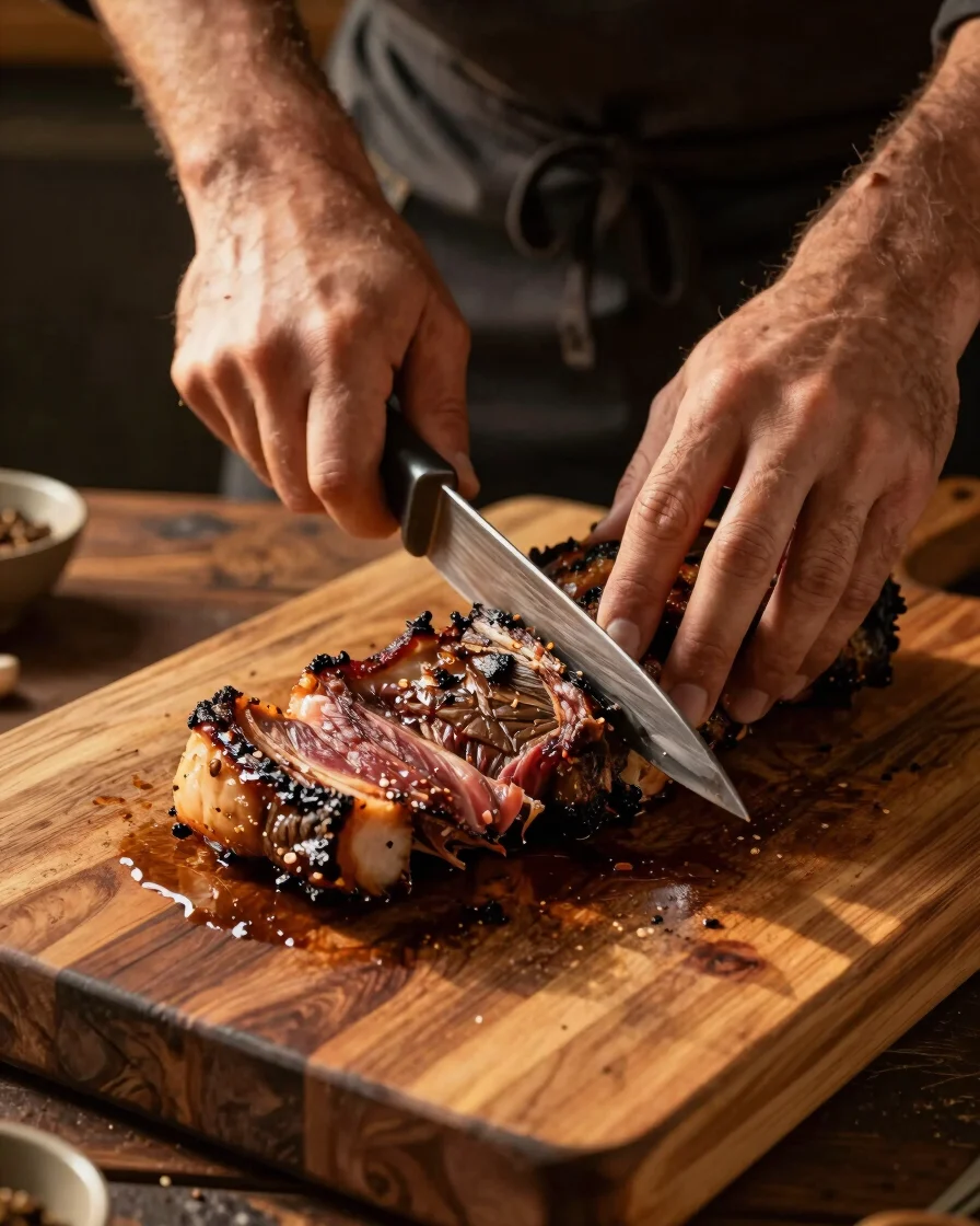 Close-up of a chef carving a roasted picanha on a rustic teak cutting board under warm golden afternoon lighting