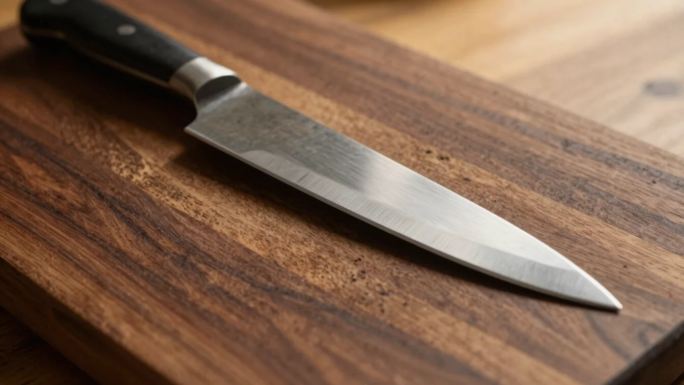 Close-up of a sharp, artisanal knife blade resting on a rich wood
